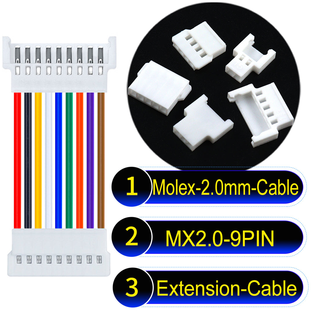 Molex 2.0mm 9Pin maleMale Female Extension Cable, 22AWG UL1007 PVC, durable and compatible with various applications.