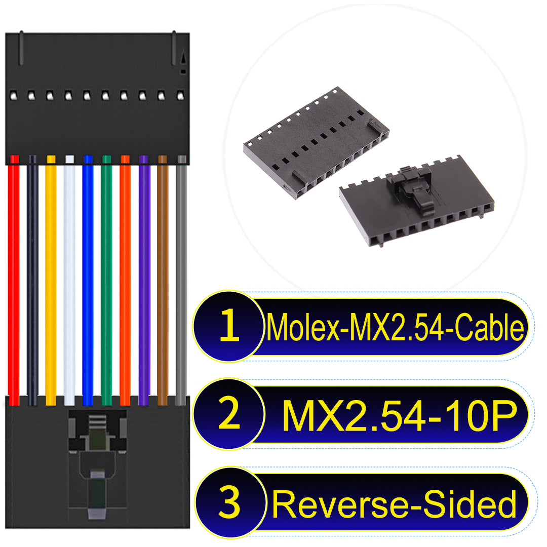 Molex MX2.54 2.54mm 10Pin Reverse-Side-Head cable, featuring a locking mechanism, 22AWG copper wire, and UL1007 PVC insulation for secure connections.