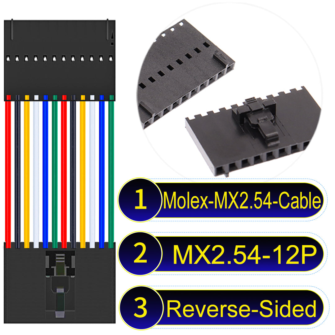Molex MX2.54 2.54mm 12Pin Reverse-Side-Head cable, featuring a locking mechanism, 22AWG copper wire, and UL1007 PVC insulation for secure connections.