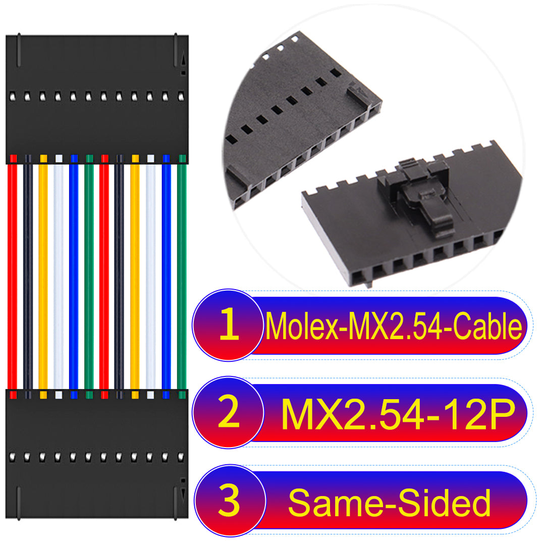 Molex MX2.54 2.54mm 12Pin Same-Side-Head cable, featuring a locking mechanism, 22AWG copper wire, and UL1007 PVC insulation for secure connections.