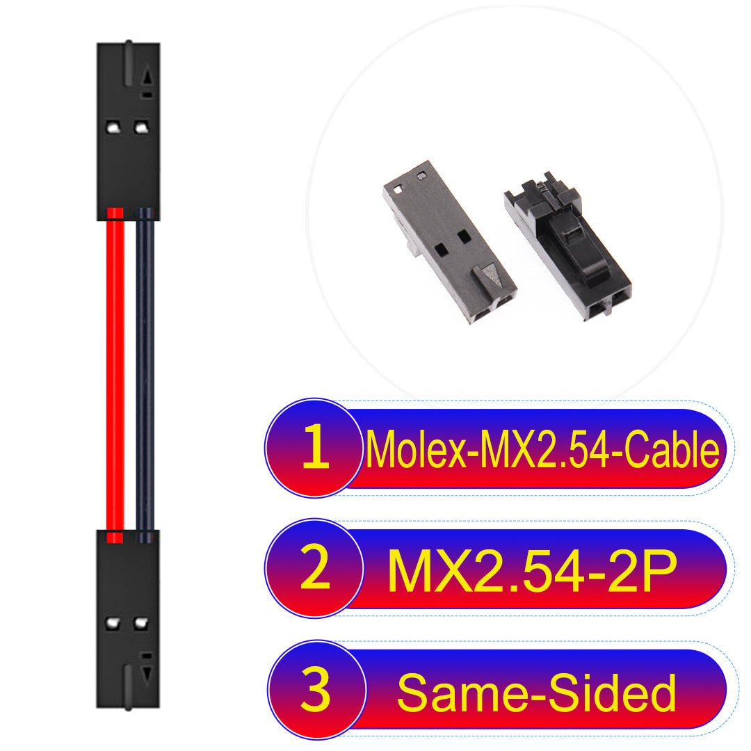 Molex MX2.54 2.54mm 2Pin Same-Side-Head cable, featuring a locking mechanism, 22AWG copper wire, and UL1007 PVC insulation for secure connections.