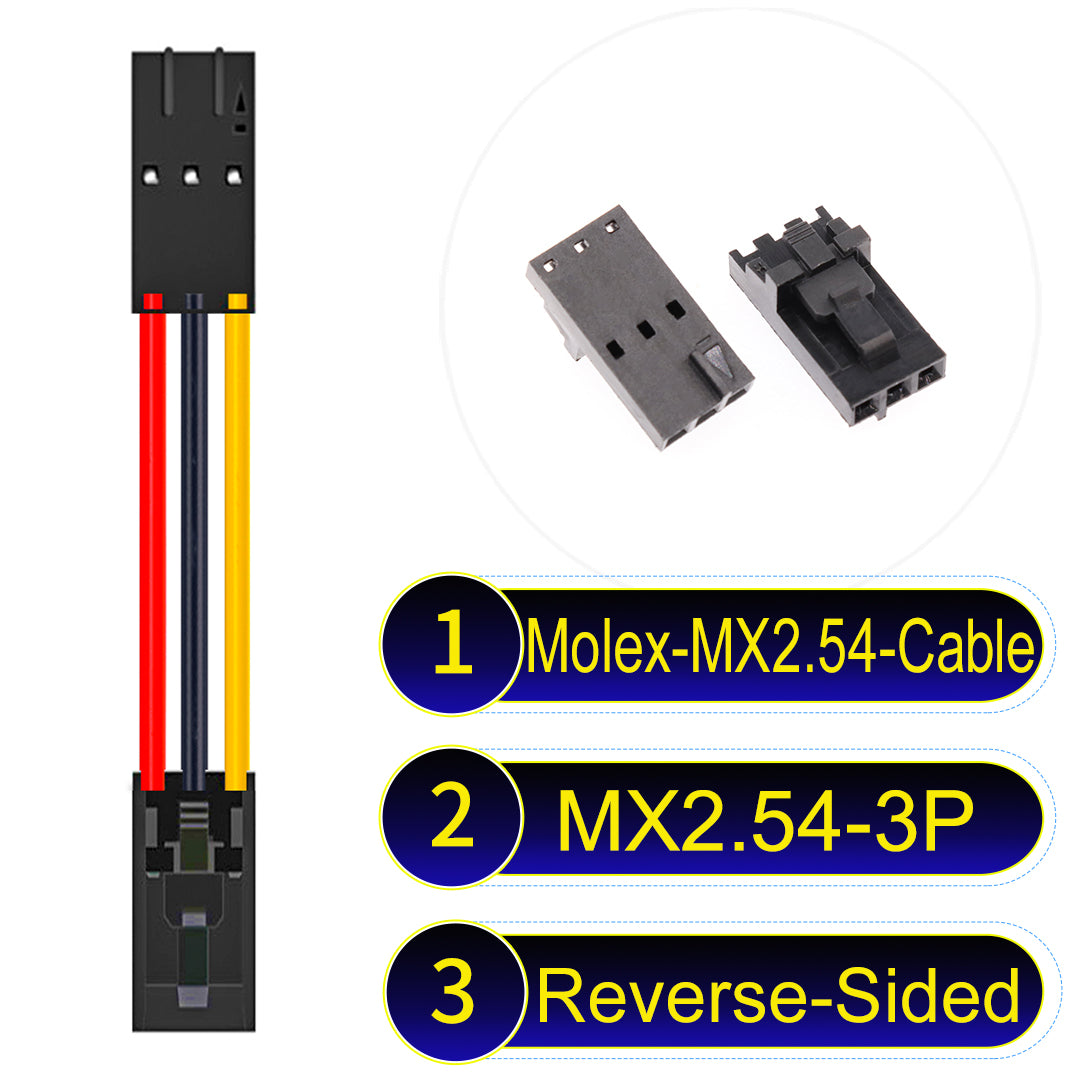 Molex MX2.54 2.54mm 3Pin Reverse-Side-Head cable, featuring a locking mechanism, 22AWG copper wire, and UL1007 PVC insulation for secure connections.