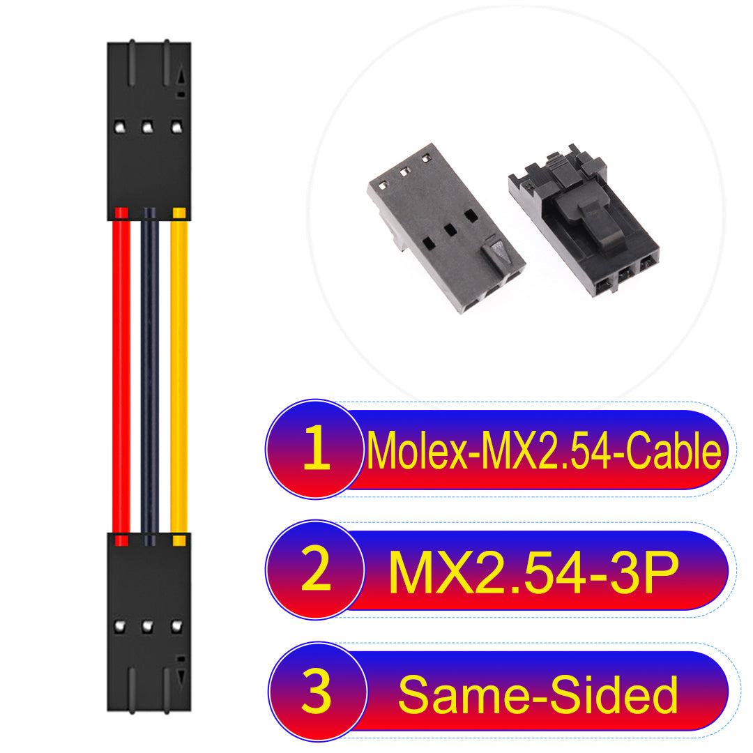 Molex MX2.54 2.54mm 3Pin Same-Side-Head cable, featuring a locking mechanism, 22AWG copper wire, and UL1007 PVC insulation for secure connections.