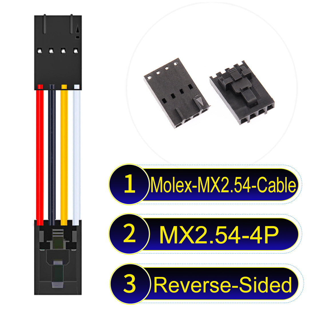 Molex MX2.54 2.54mm 4Pin Reverse-Side-Head cable, featuring a locking mechanism, 22AWG copper wire, and UL1007 PVC insulation for secure connections.