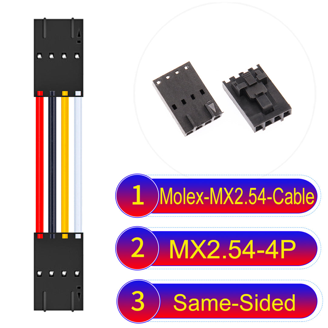 Molex MX2.54 2.54mm 4Pin Same-Side-Head cable, featuring a locking mechanism, 22AWG copper wire, and UL1007 PVC insulation for secure connections.
