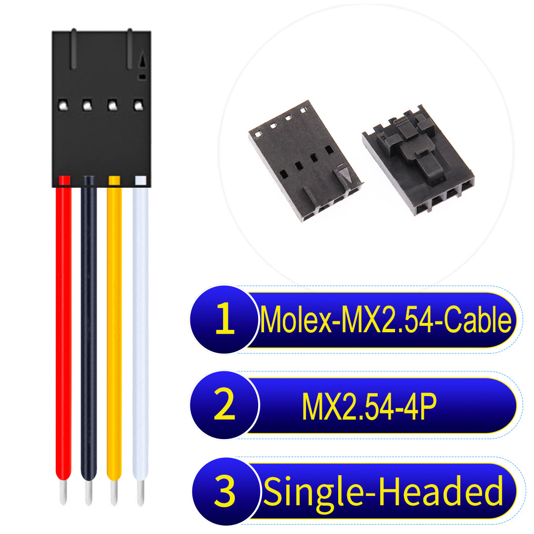 Molex MX2.54 2.54mm 4Pin Single-Headed cable, 22AWG copper wire, UL1007 PVC insulation, perfect for secure connections in electronics and industrial use.