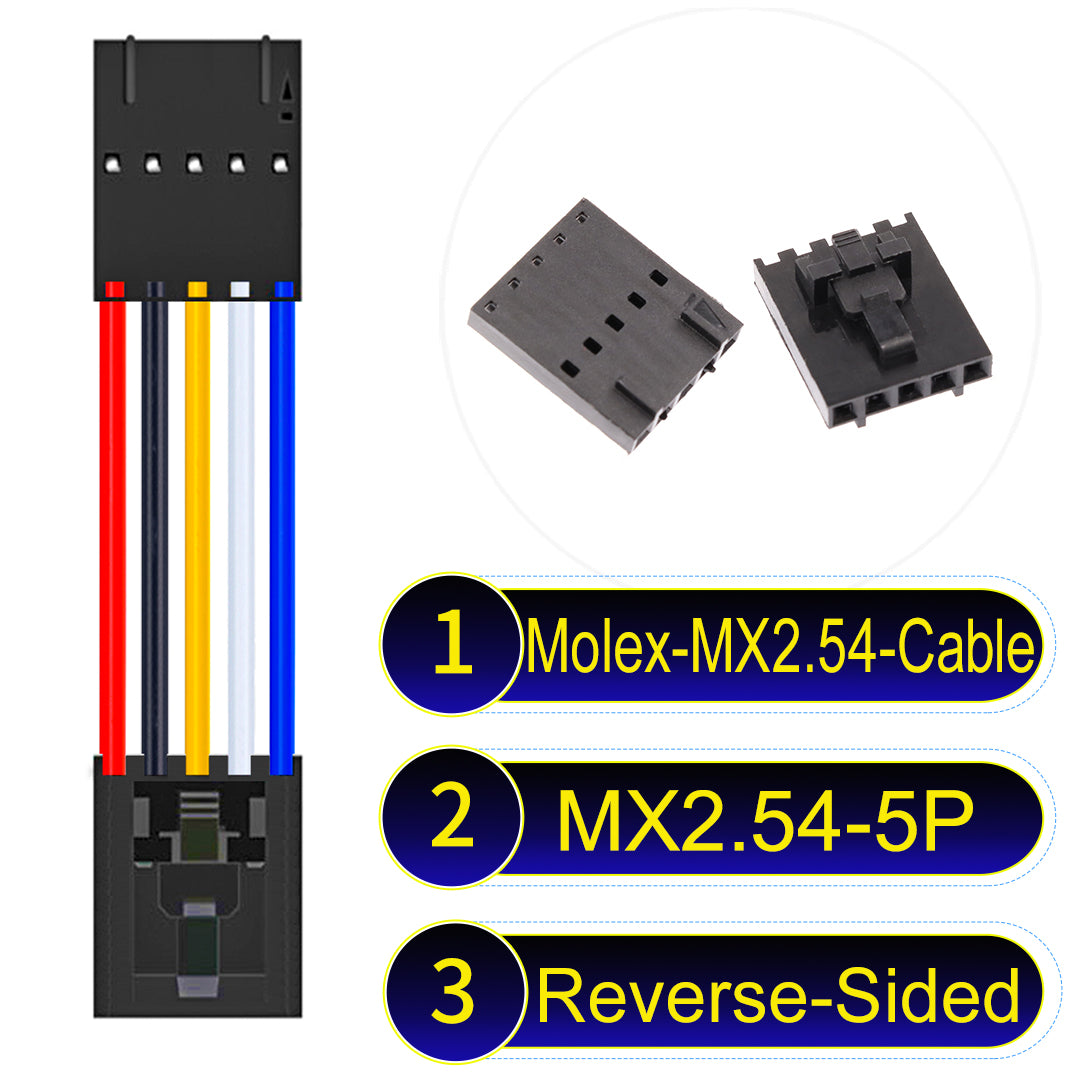 Molex MX2.54 2.54mm 5Pin Reverse-Side-Head cable, featuring a locking mechanism, 22AWG copper wire, and UL1007 PVC insulation for secure connections.