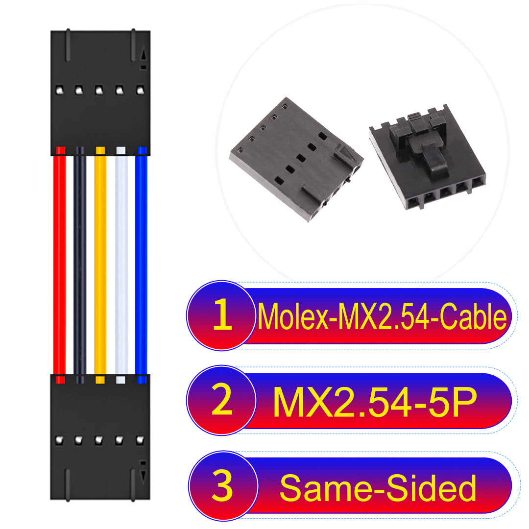 Molex MX2.54 2.54mm 5Pin Same-Side-Head cable, featuring a locking mechanism, 22AWG copper wire, and UL1007 PVC insulation for secure connections.