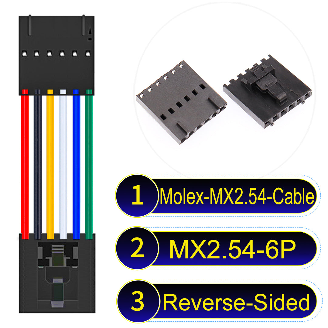 Molex MX2.54 2.54mm 6Pin Reverse-Side-Head cable, featuring a locking mechanism, 22AWG copper wire, and UL1007 PVC insulation for secure connections.