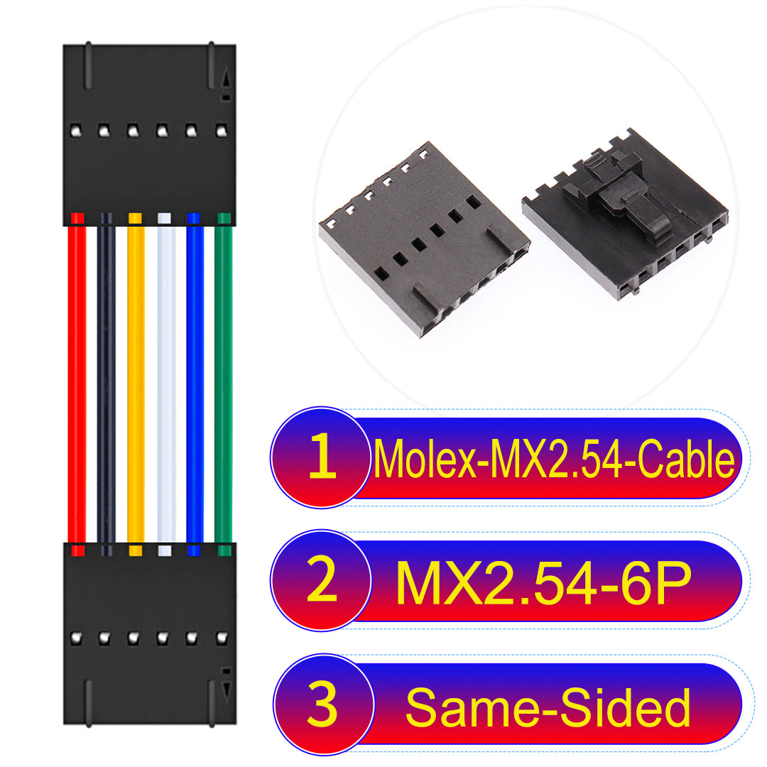 Molex MX2.54 2.54mm 6Pin Same-Side-Head cable, featuring a locking mechanism, 22AWG copper wire, and UL1007 PVC insulation for secure connections.