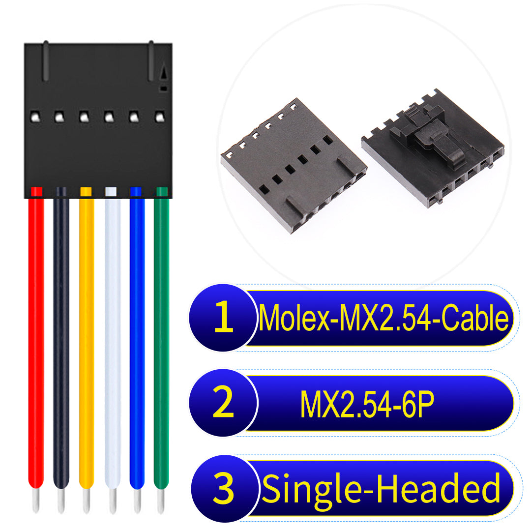 Molex MX2.54 2.54mm 6Pin Single-Headed cable, 22AWG copper wire, UL1007 PVC insulation, perfect for secure connections in electronics and industrial use.