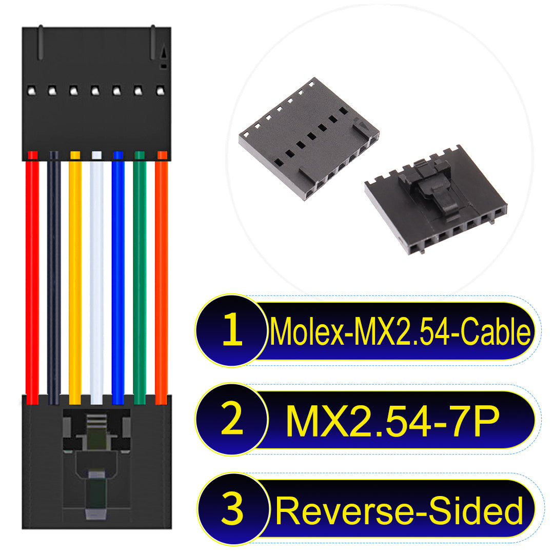 Molex MX2.54 2.54mm 7Pin Reverse-Side-Head cable, featuring a locking mechanism, 22AWG copper wire, and UL1007 PVC insulation for secure connections.