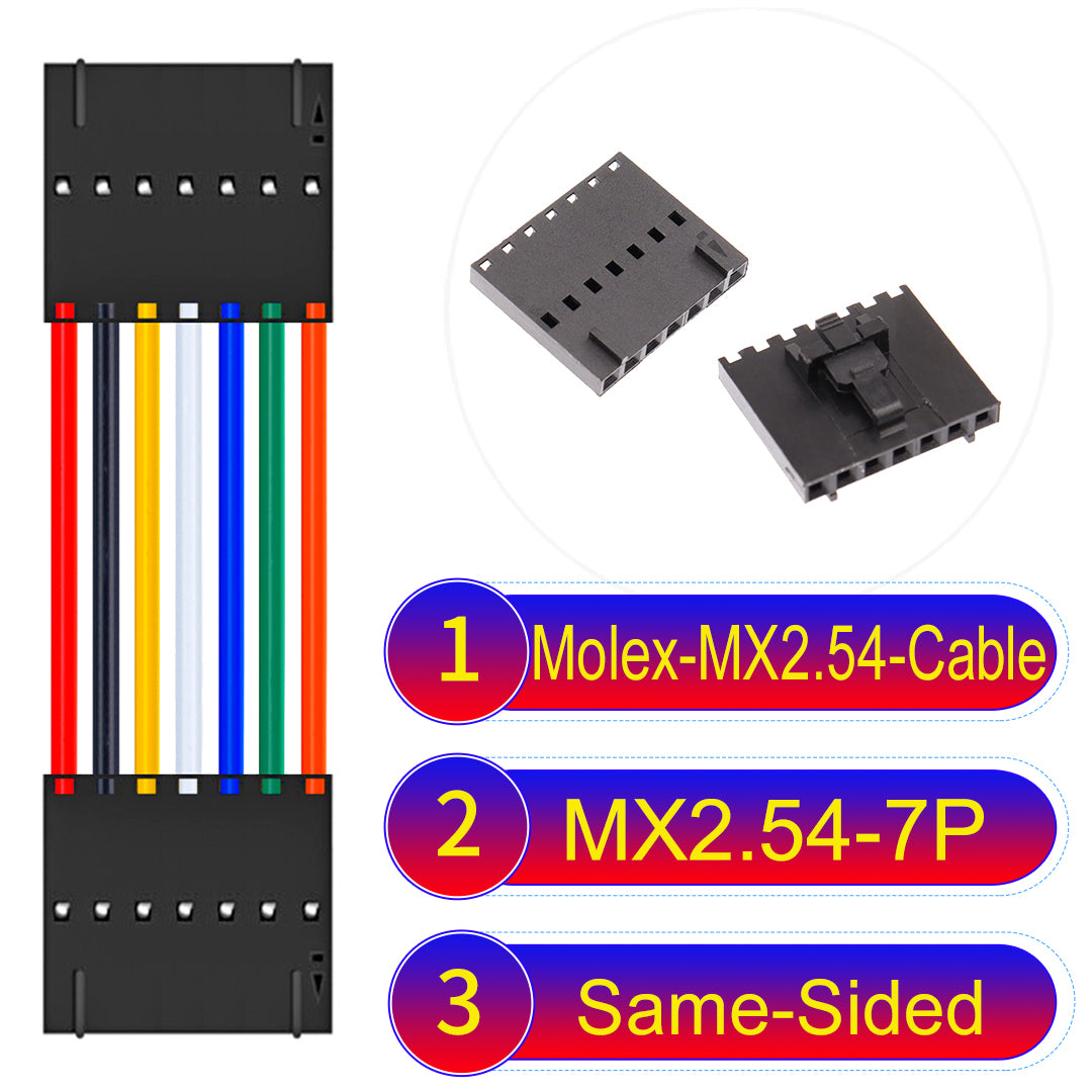 Molex MX2.54 2.54mm 7Pin Same-Side-Head cable, featuring a locking mechanism, 22AWG copper wire, and UL1007 PVC insulation for secure connections.