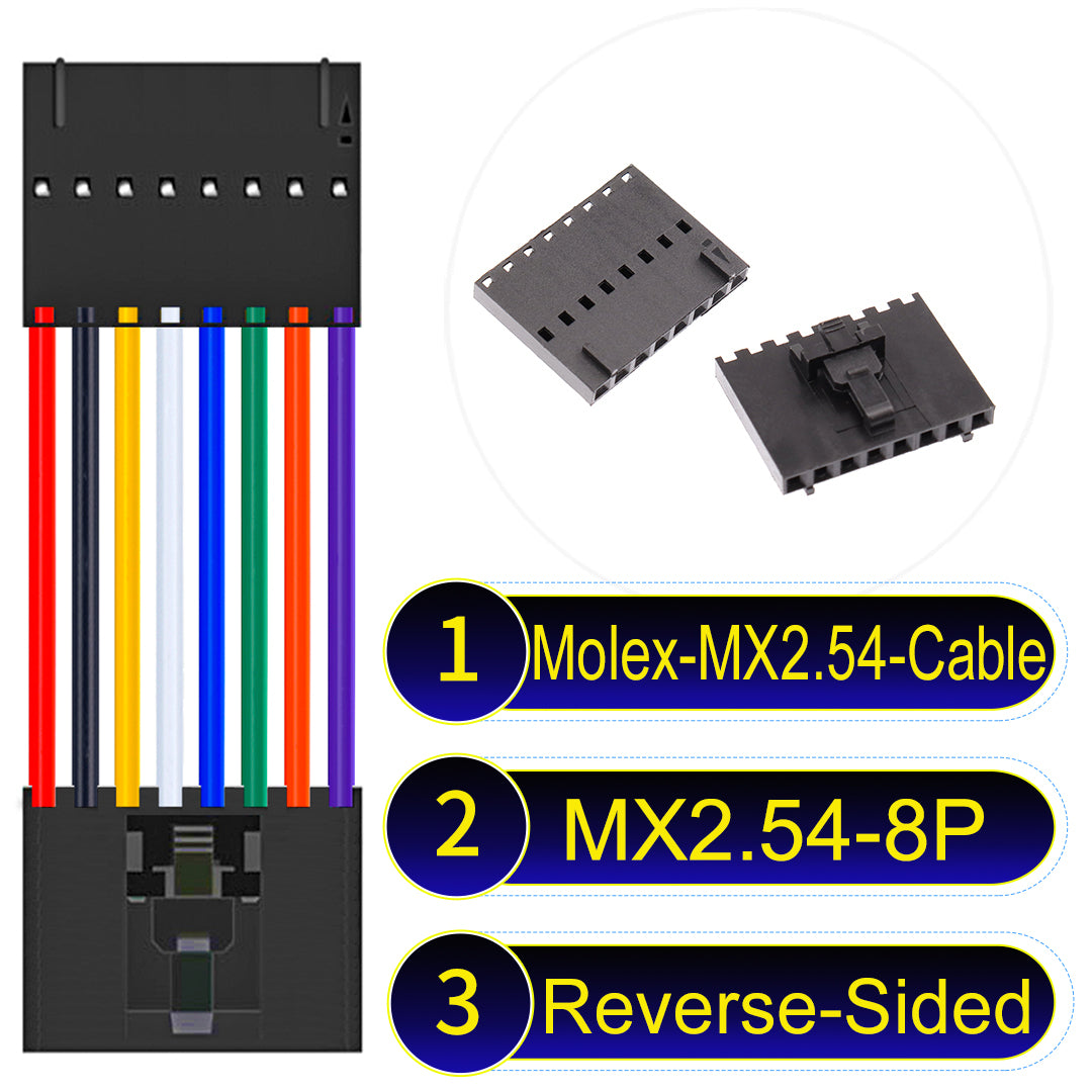 Molex MX2.54 2.54mm 8Pin Reverse-Side-Head cable, featuring a locking mechanism, 22AWG copper wire, and UL1007 PVC insulation for secure connections.