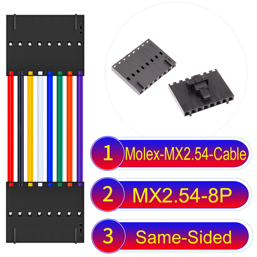 Molex MX2.54 2.54mm 8Pin Same-Side-Head cable, featuring a locking mechanism, 22AWG copper wire, and UL1007 PVC insulation for secure connections.