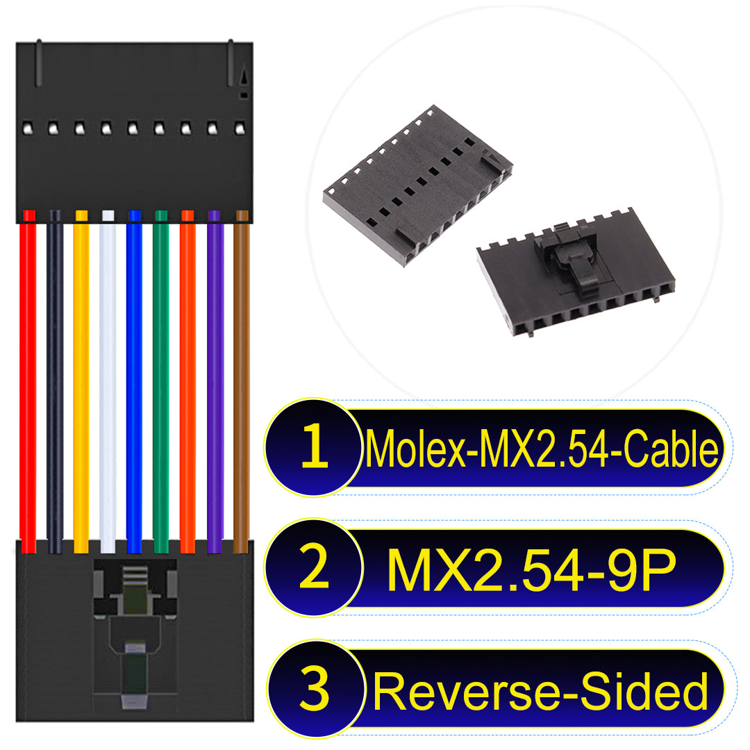 Molex MX2.54 2.54mm 9Pin Reverse-Side-Head cable, featuring a locking mechanism, 22AWG copper wire, and UL1007 PVC insulation for secure connections.