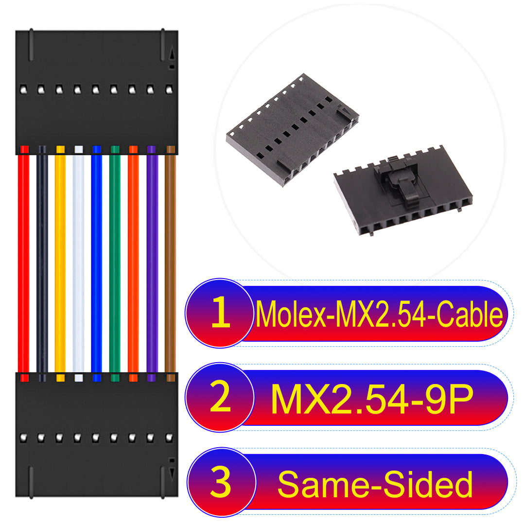 Molex MX2.54 2.54mm 9Pin Same-Side-Head cable, featuring a locking mechanism, 22AWG copper wire, and UL1007 PVC insulation for secure connections.
