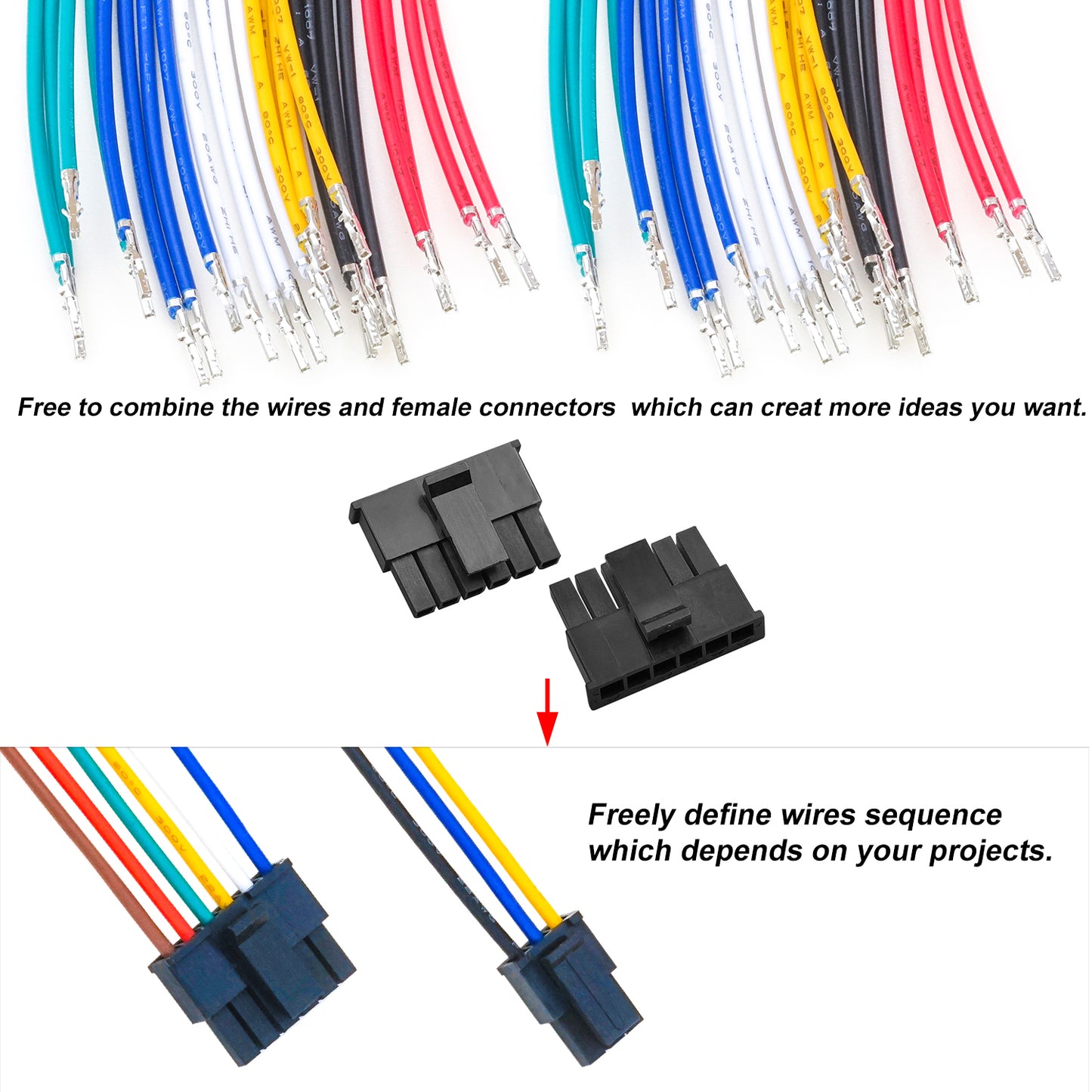 Variety of Molex MX3.0mm connectors kit with different sizes and 22AWG pre-crimped wires