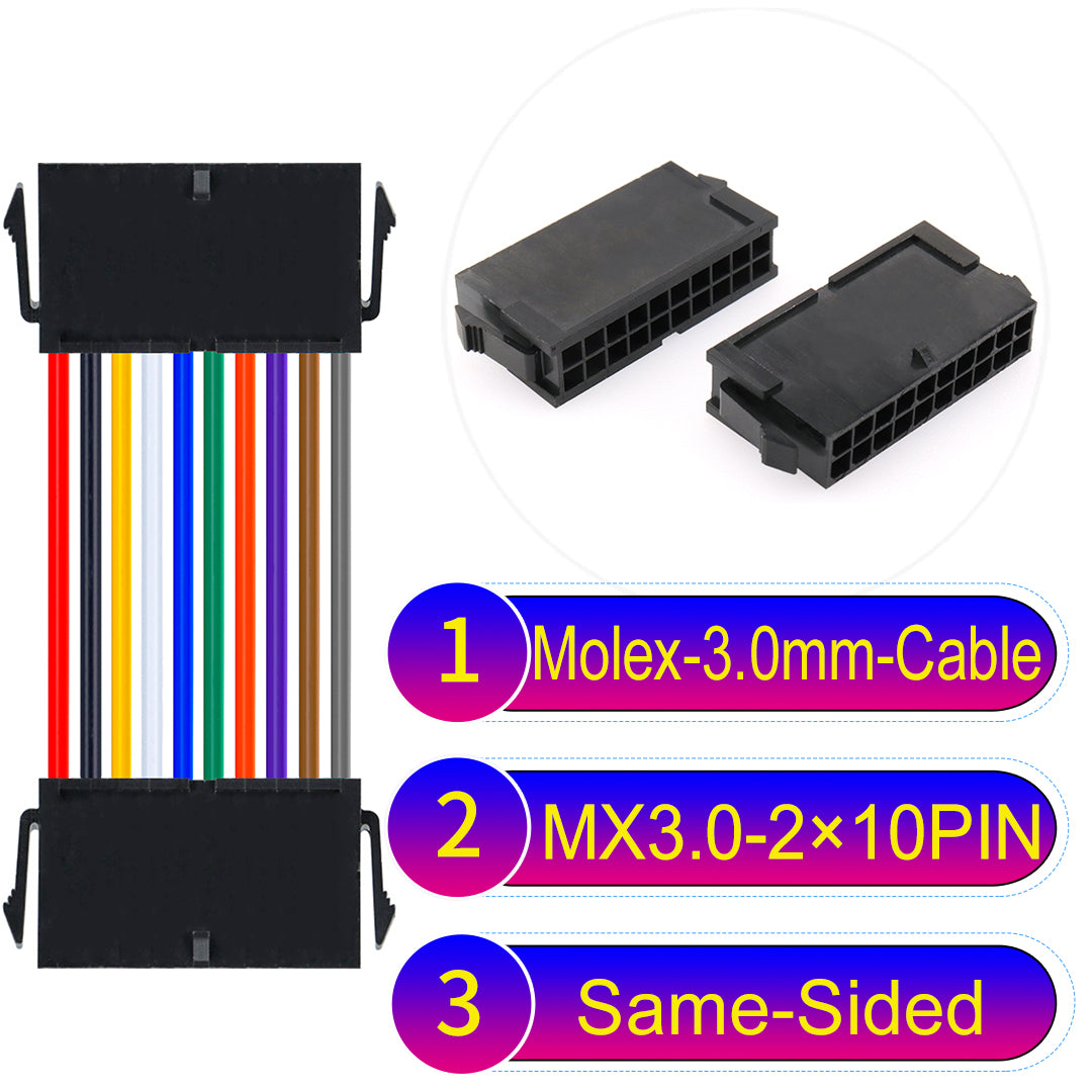 Molex MX3.0mm Dual Row 2¡Á10Pin Female Same-Side-Head Micro-Fit cable, 22AWG UL1007-certified PVC, perfect for secure and durable connections in various applications.