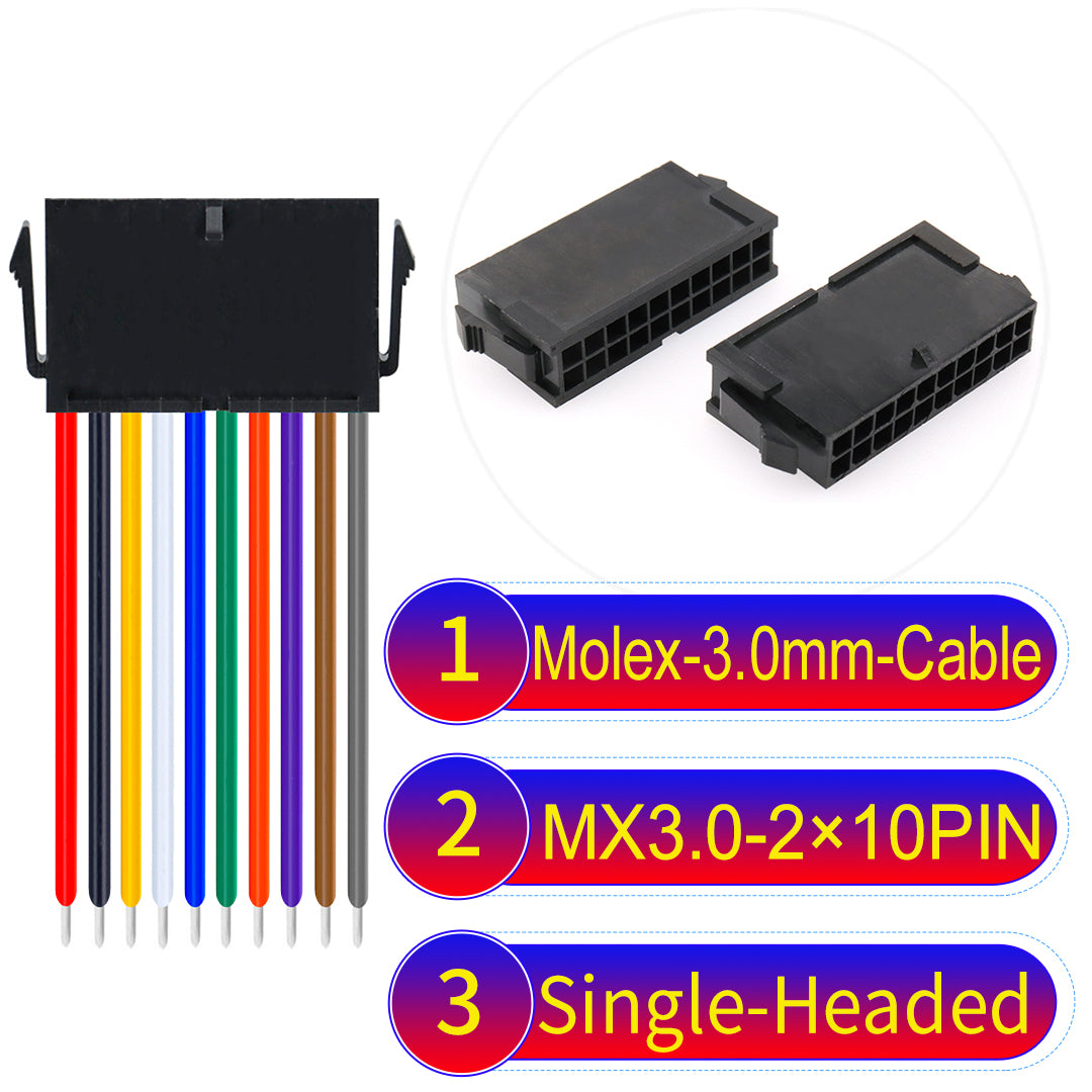 Molex MX3.0mm Dual Row 2¡Á10Pin Female Single-Headed Micro-Fit cable, 22AWG UL1007-certified PVC, perfect for secure and durable connections in various applications.