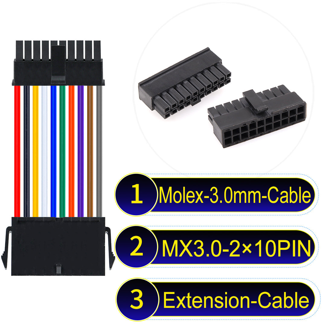 Molex MX3.0mm Dual Row 2¡Á10Pin Male Female Extension Micro-Fit cable, 22AWG UL1007-certified PVC, perfect for secure and durable connections in various applications.