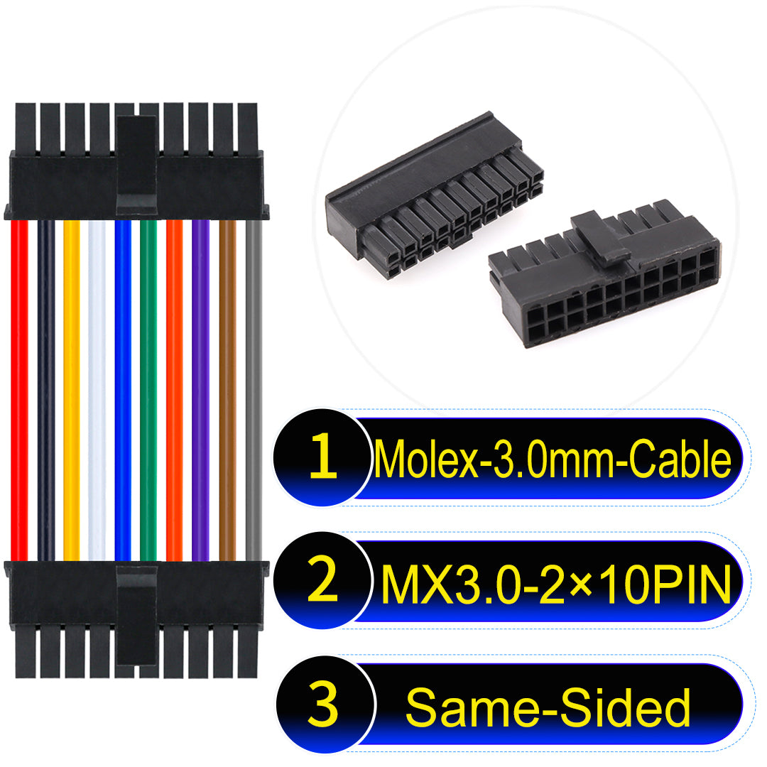 Molex MX3.0mm Dual Row 2¡Á10Pin Male Same-Side-Head Micro-Fit cable, 22AWG UL1007-certified PVC, perfect for secure and durable connections in various applications.