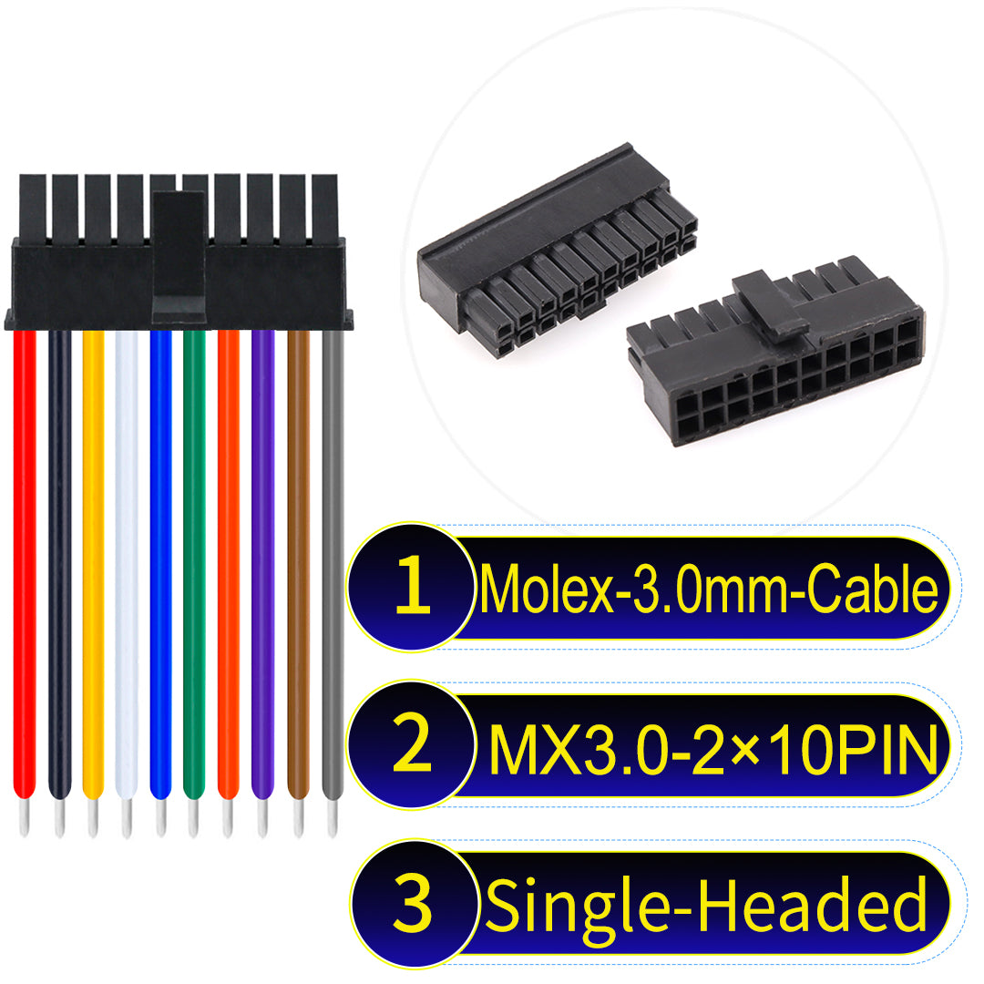 High-quality Molex MX3.0mm Dual Row 2¡Á10Pin Male single-headed Micro-Fit cable with 22AWG PVC, compatible with multiple devices.