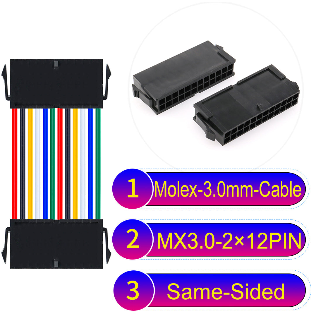 Molex MX3.0mm Dual Row 2¡Á12Pin Female Same-Side-Head Micro-Fit cable, 22AWG UL1007-certified PVC, perfect for secure and durable connections in various applications.