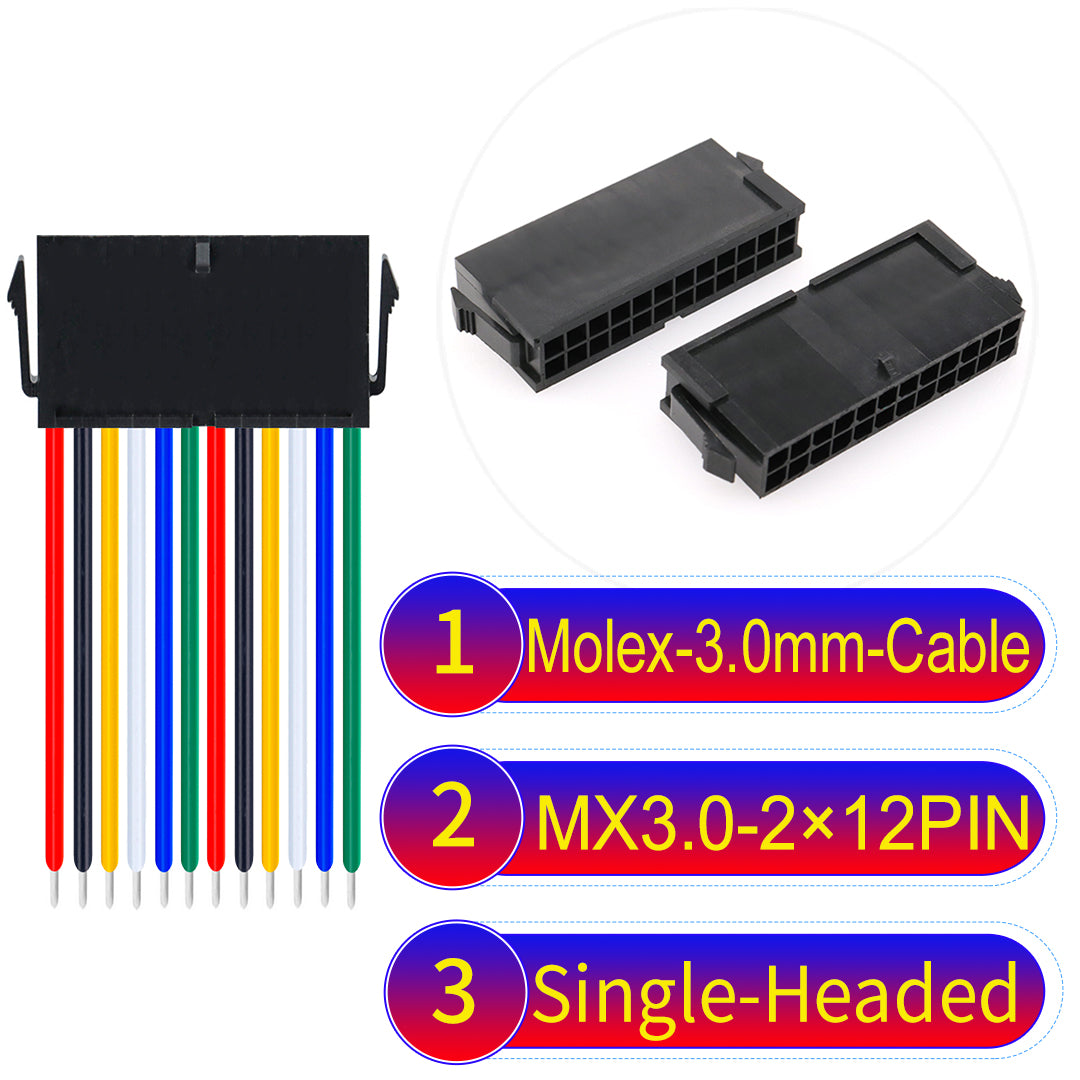 Molex MX3.0mm Dual Row 2¡Á12Pin Female Single-Headed Micro-Fit cable, 22AWG UL1007-certified PVC, perfect for secure and durable connections in various applications.