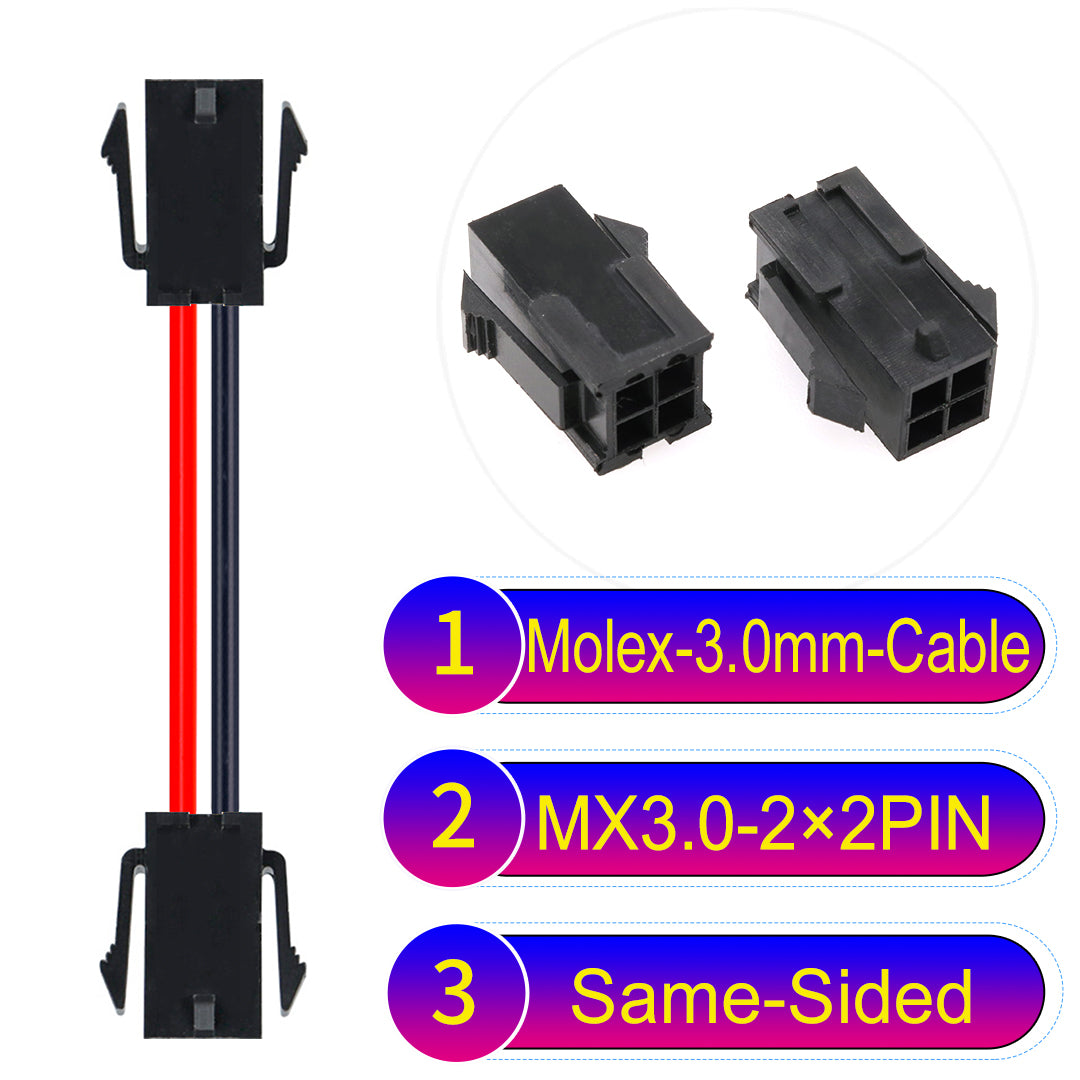 Molex MX3.0mm Dual Row 2¡Á2Pin Female Same-Side-Head Micro-Fit cable, 22AWG UL1007-certified PVC, perfect for secure and durable connections in various applications.