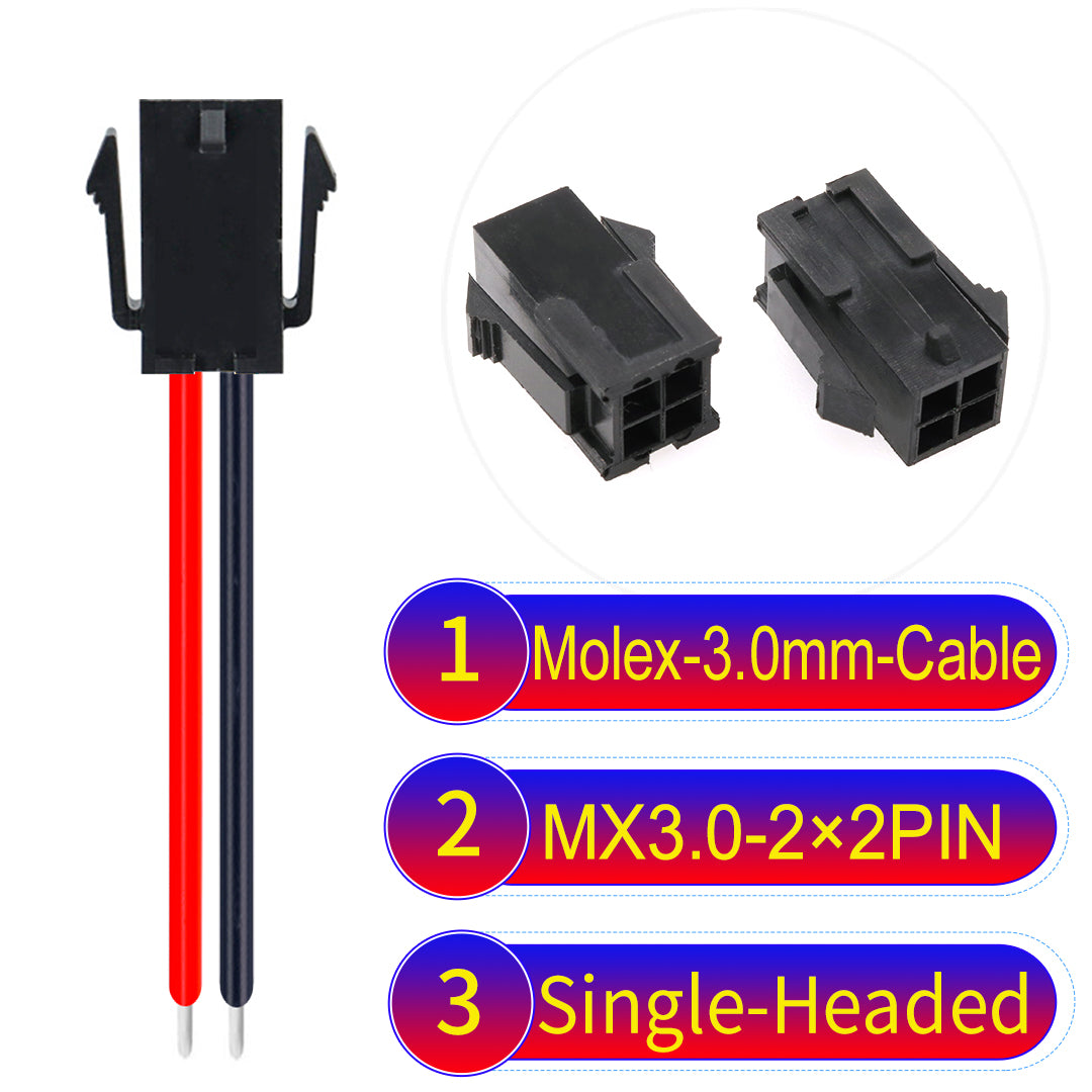 Molex MX3.0mm Dual Row 2¡Á2Pin Female Single-Headed Micro-Fit cable, 22AWG UL1007-certified PVC, perfect for secure and durable connections in various applications.