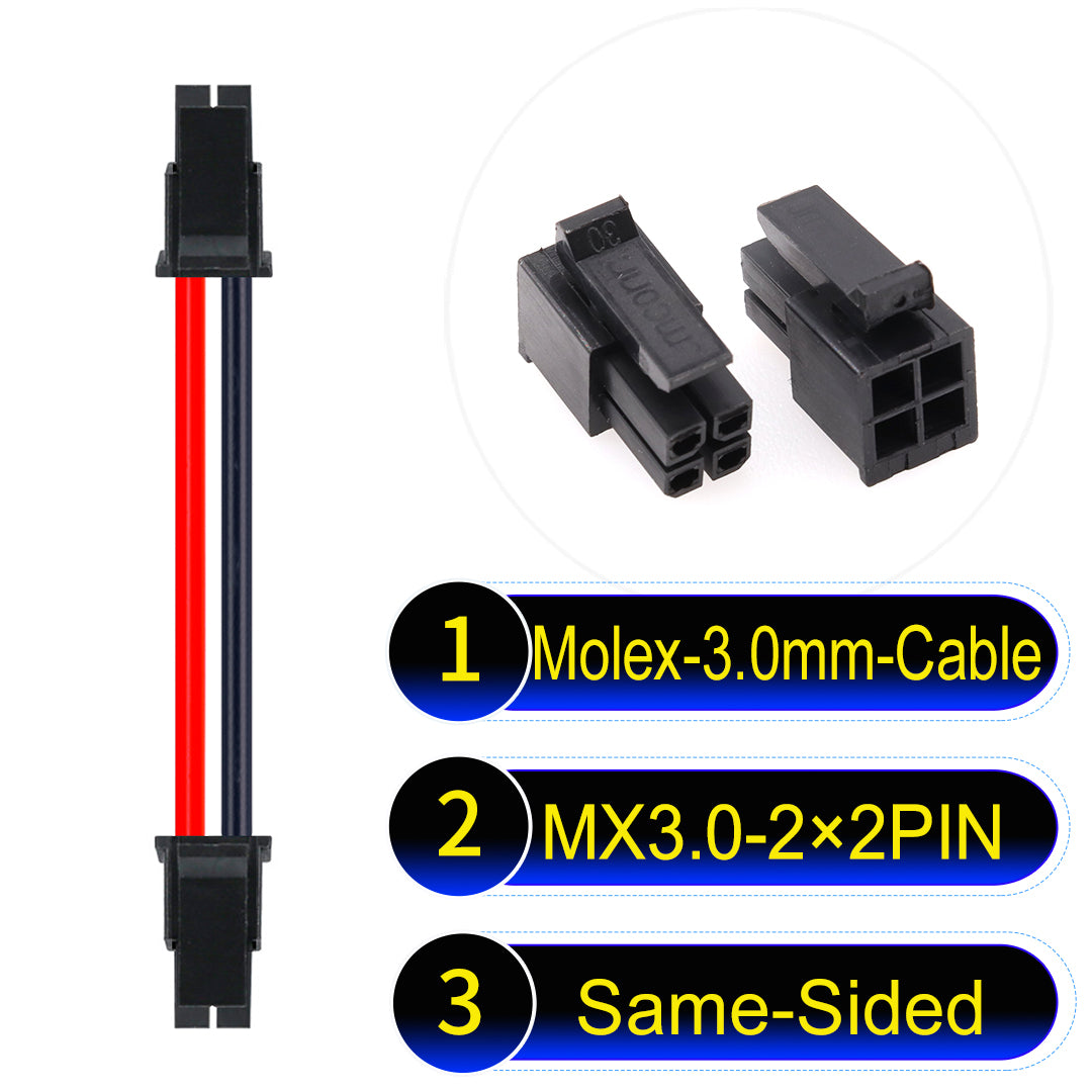 Molex MX3.0mm Dual Row 2¡Á2Pin Male Same-Side-Head Micro-Fit cable, 22AWG UL1007-certified PVC, perfect for secure and durable connections in various applications.