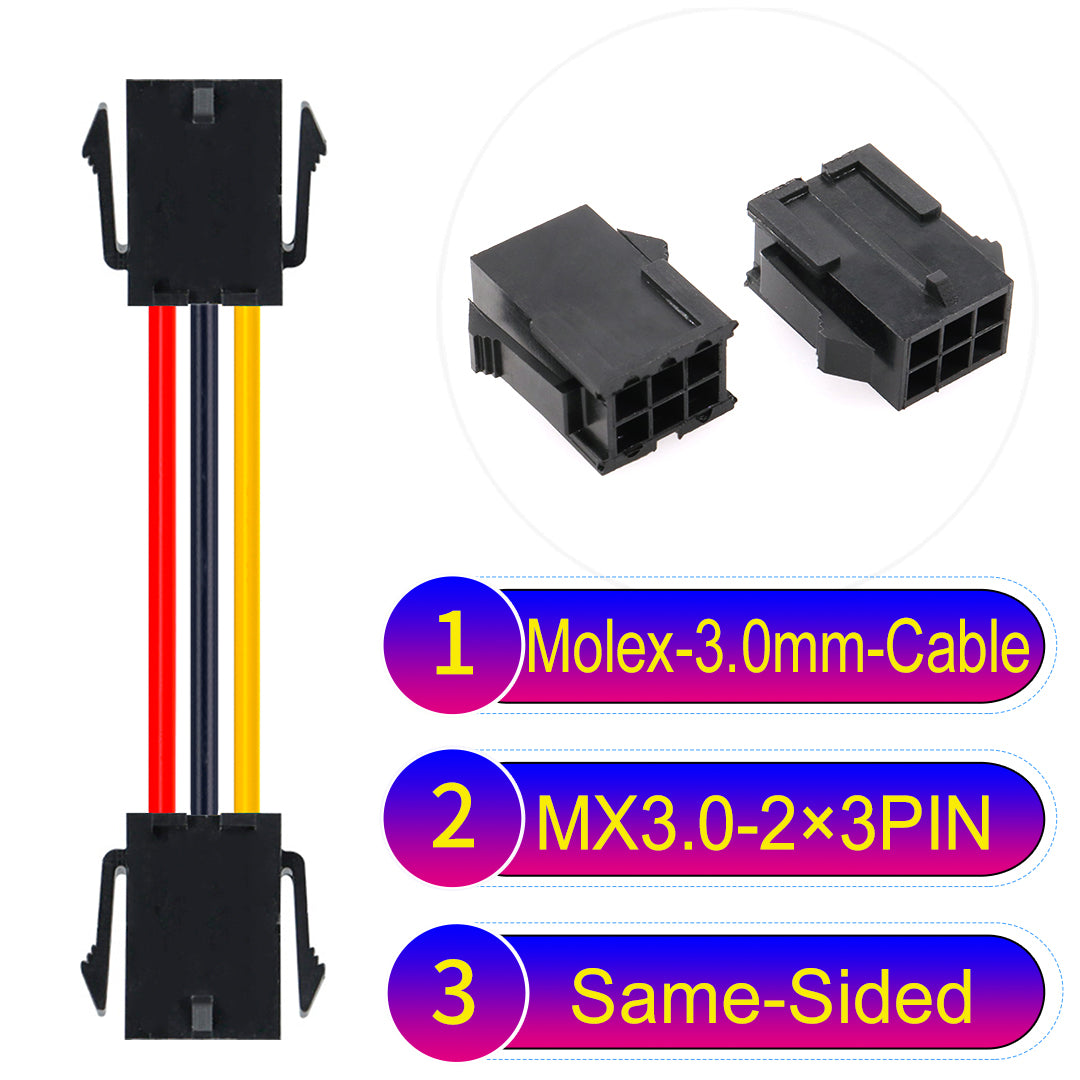 Molex MX3.0mm Dual Row 2¡Á3Pin Female Same-Side-Head Micro-Fit cable, 22AWG UL1007-certified PVC, perfect for secure and durable connections in various applications.