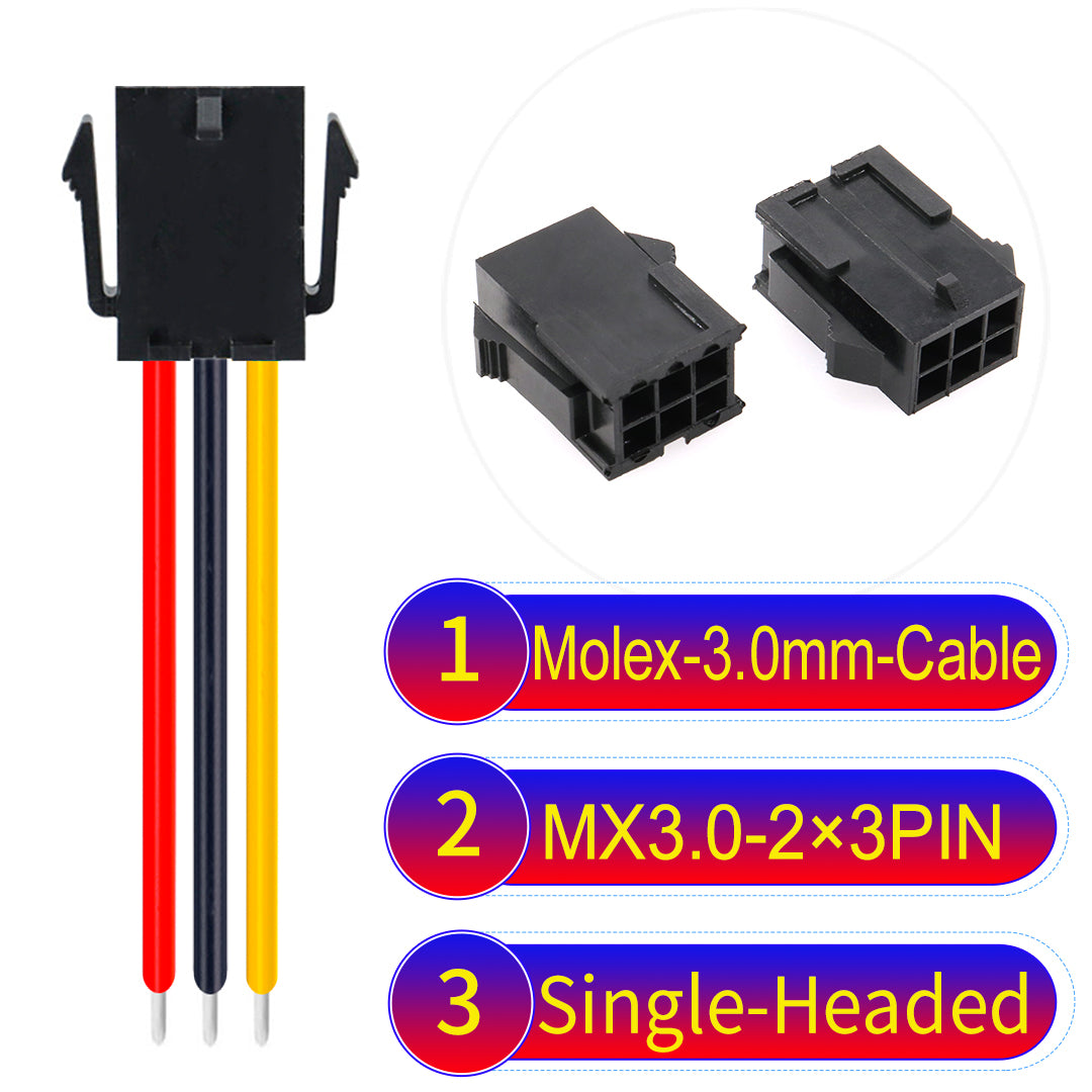 Molex MX3.0mm Dual Row 2¡Á3Pin Female Single-Headed Micro-Fit cable, 22AWG UL1007-certified PVC, perfect for secure and durable connections in various applications.