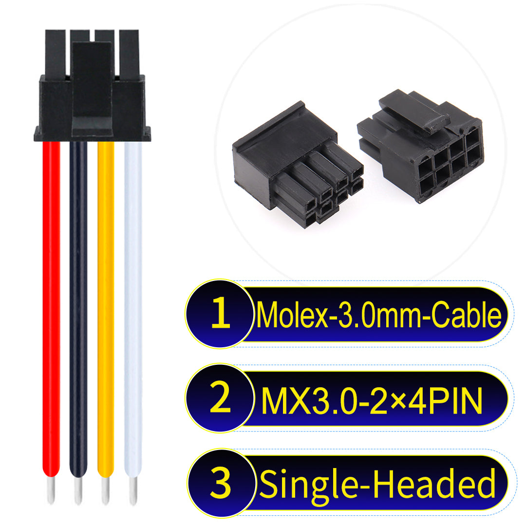 High-quality Molex MX3.0mm Dual Row 2¡Á4Pin Male single-headed Micro-Fit cable with 22AWG PVC, compatible with multiple devices.