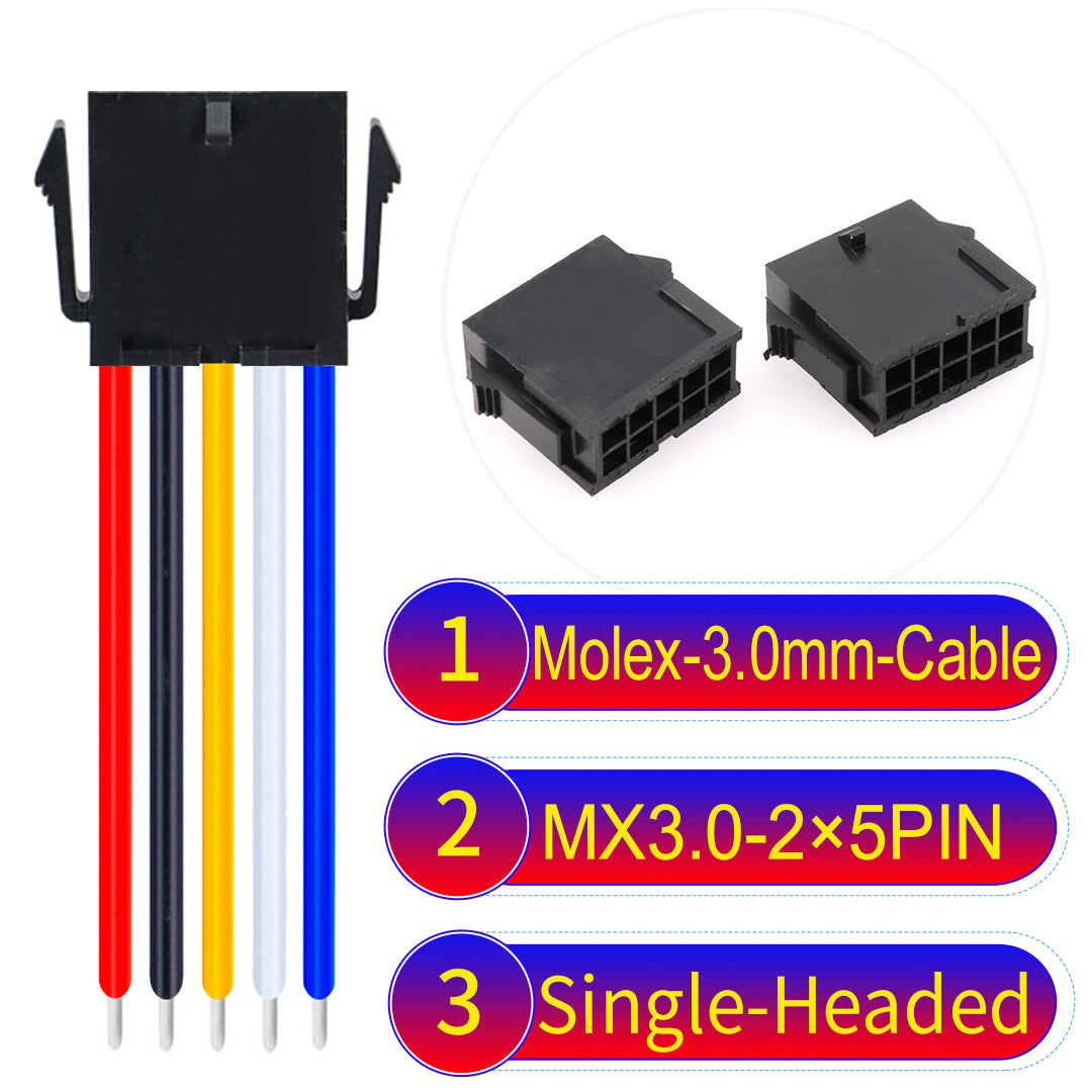 Molex MX3.0mm Dual Row 2¡Á5Pin Female Single-Headed Micro-Fit cable, 22AWG UL1007-certified PVC, perfect for secure and durable connections in various applications.