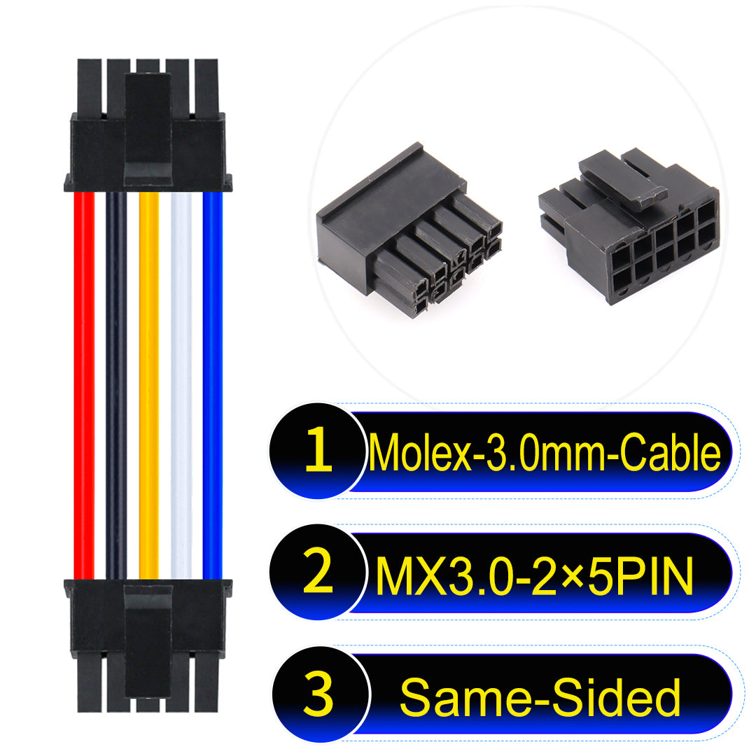 Molex MX3.0mm Dual Row 2¡Á5Pin Male Same-Side-Head Micro-Fit cable, 22AWG UL1007-certified PVC, perfect for secure and durable connections in various applications.
