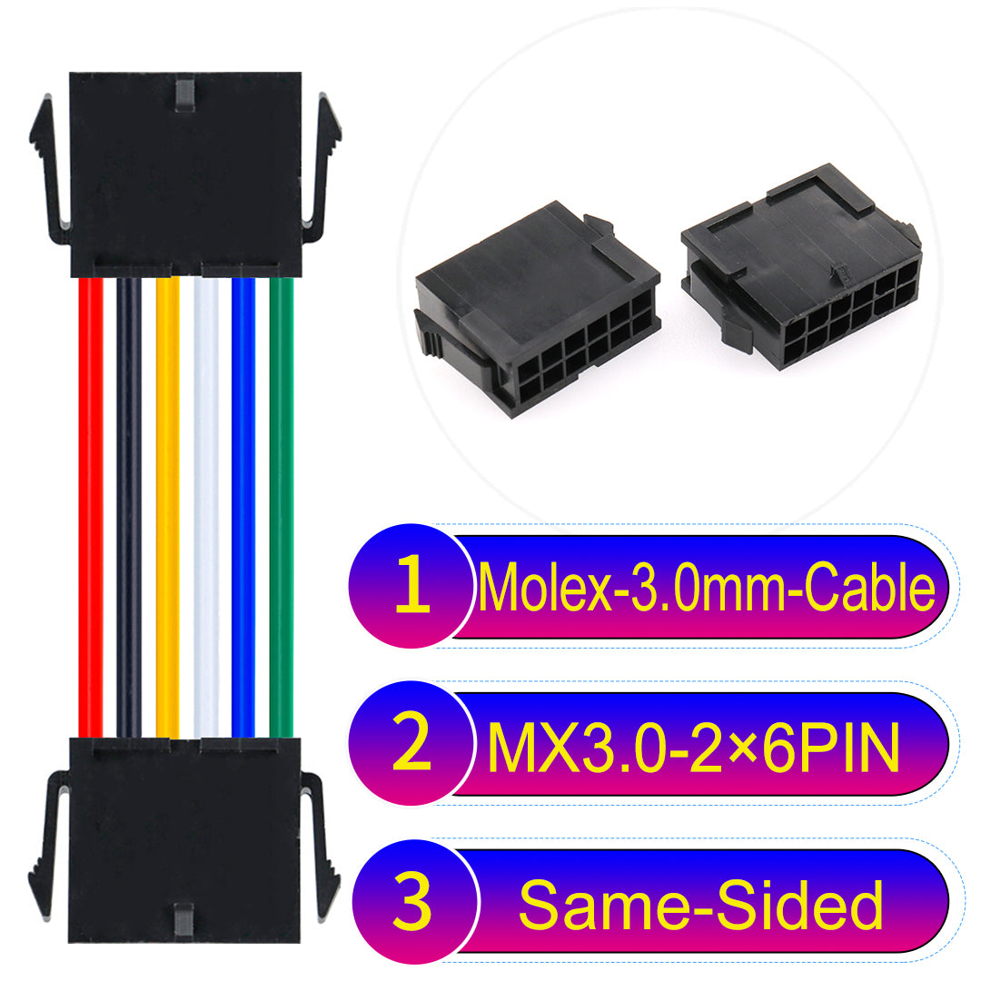 Molex MX3.0mm Dual Row 2¡Á6Pin Female Same-Side-Head Micro-Fit cable, 22AWG UL1007-certified PVC, perfect for secure and durable connections in various applications.