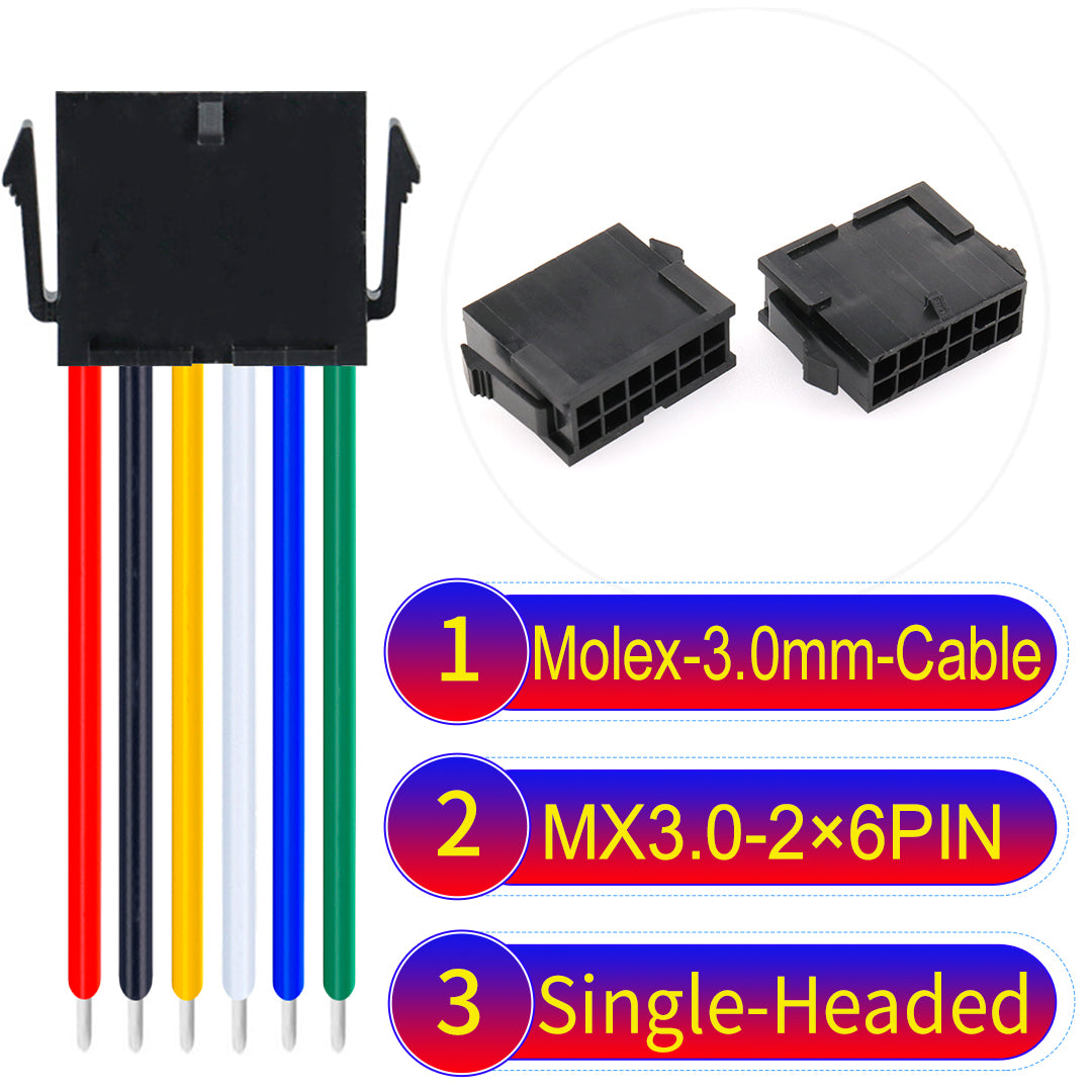 Molex MX3.0mm Dual Row 2¡Á6Pin Female Single-Headed Micro-Fit cable, 22AWG UL1007-certified PVC, perfect for secure and durable connections in various applications.
