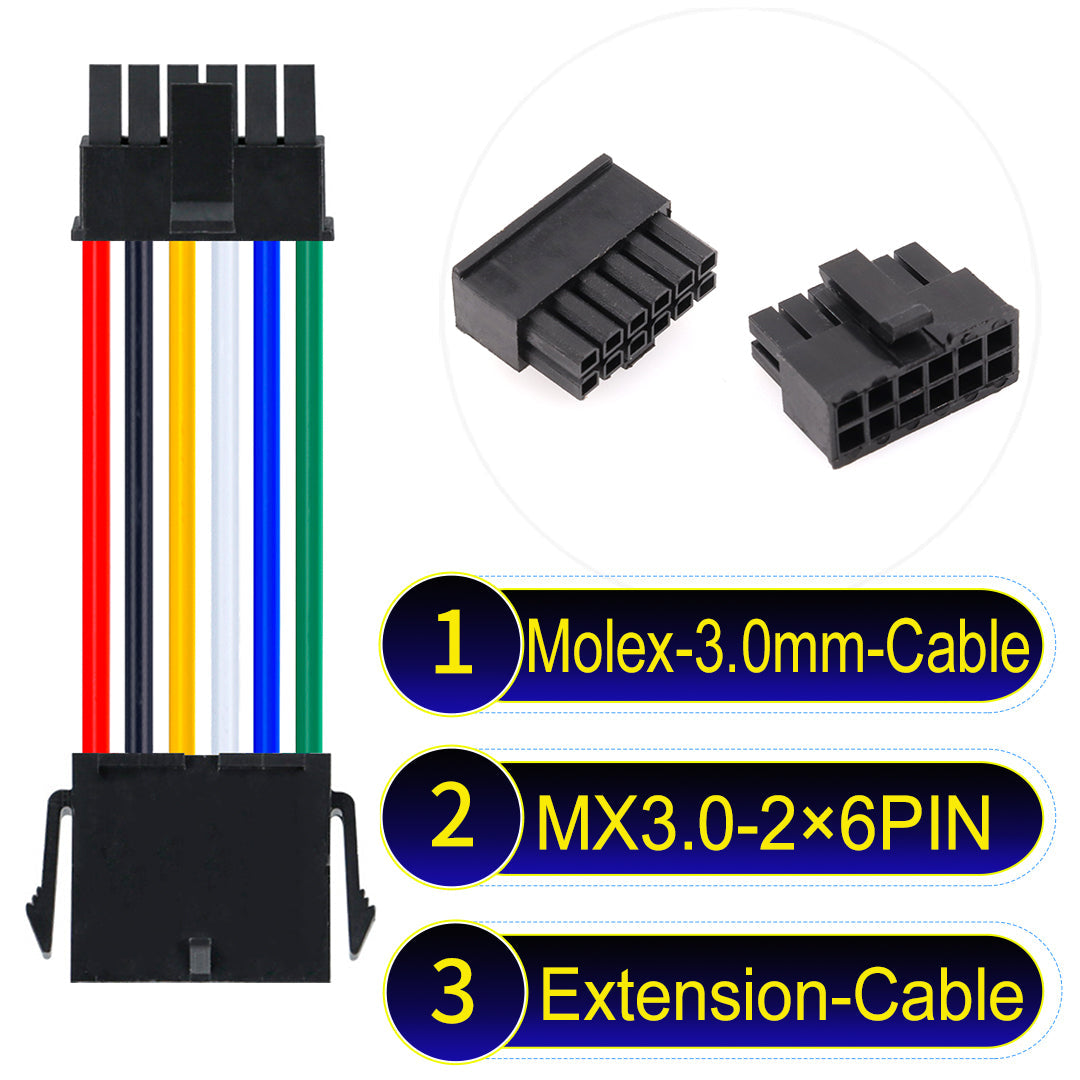 Molex MX3.0mm Dual Row 2¡Á6Pin Male Female Extension Micro-Fit cable, 22AWG UL1007-certified PVC, perfect for secure and durable connections in various applications.