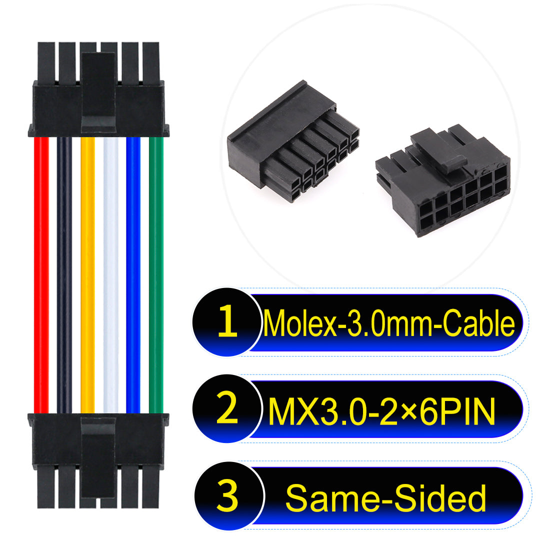 Molex MX3.0mm Dual Row 2¡Á6Pin Male Same-Side-Head Micro-Fit cable, 22AWG UL1007-certified PVC, perfect for secure and durable connections in various applications.