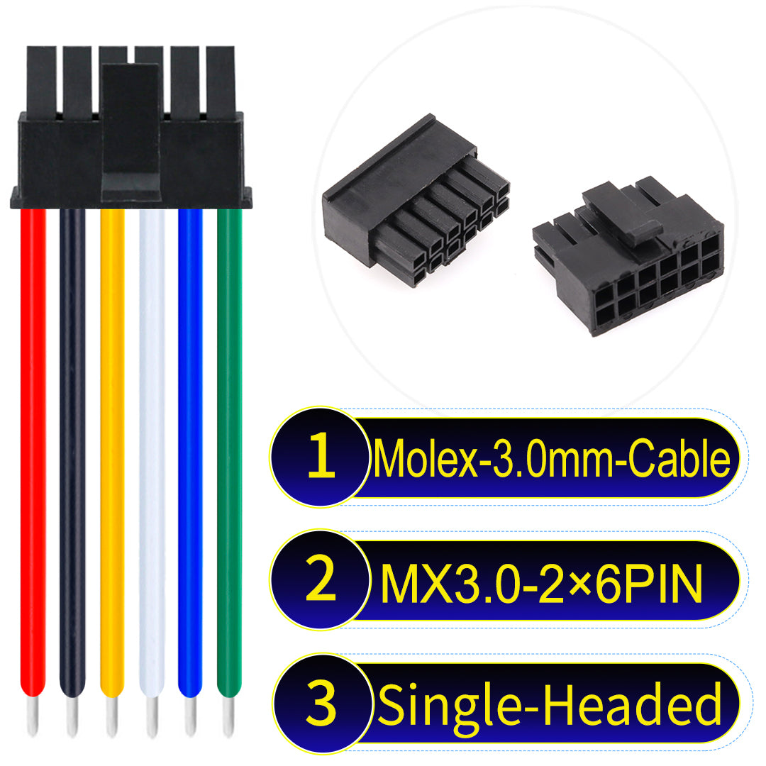 High-quality Molex MX3.0mm Dual Row 2¡Á6Pin Male single-headed Micro-Fit cable with 22AWG PVC, compatible with multiple devices.