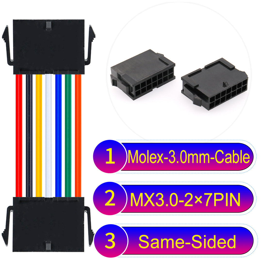 Molex MX3.0mm Dual Row 2¡Á7Pin Female Same-Side-Head Micro-Fit cable, 22AWG UL1007-certified PVC, perfect for secure and durable connections in various applications.