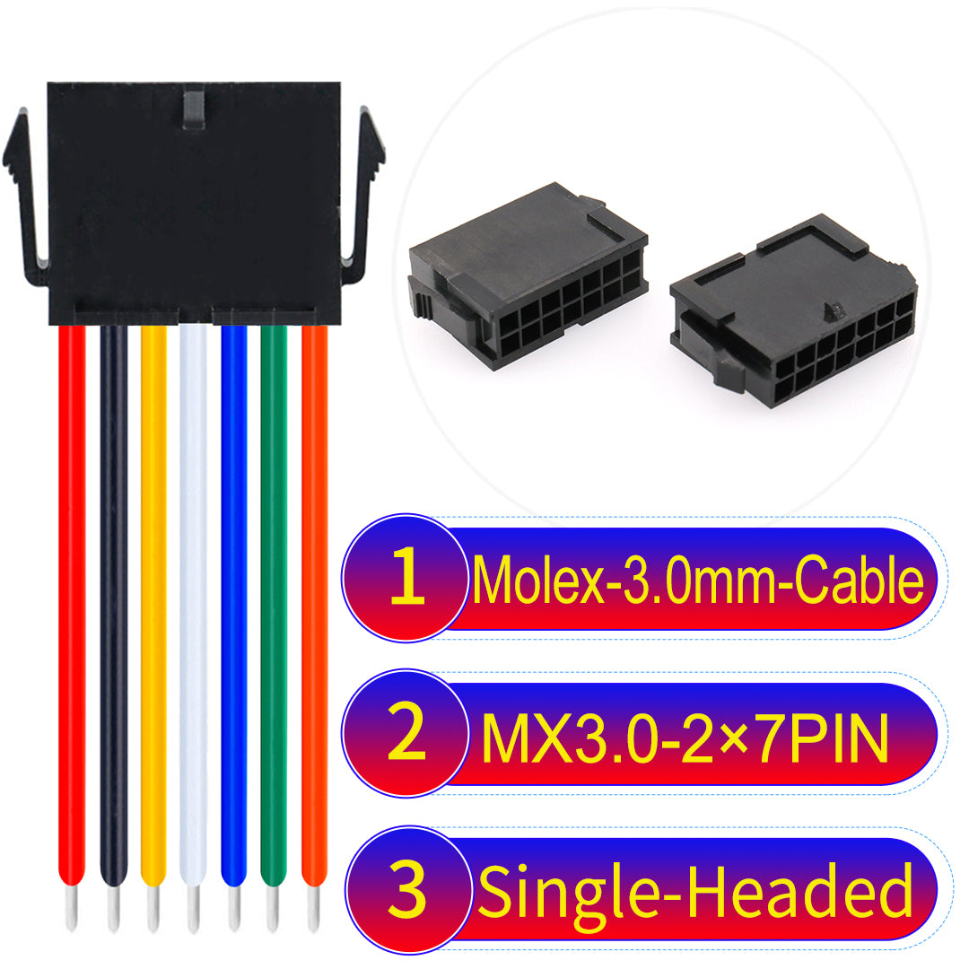 Molex MX3.0mm Dual Row 2¡Á7Pin Female Single-Headed Micro-Fit cable, 22AWG UL1007-certified PVC, perfect for secure and durable connections in various applications.