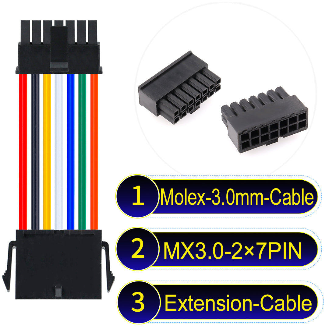 Molex MX3.0mm Dual Row 2¡Á7Pin Male Female Extension Micro-Fit cable, 22AWG UL1007-certified PVC, perfect for secure and durable connections in various applications.