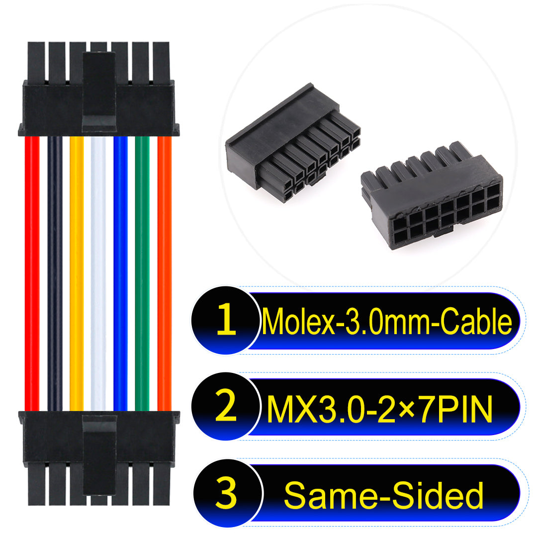 Molex MX3.0mm Dual Row 2¡Á7Pin Male Same-Side-Head Micro-Fit cable, 22AWG UL1007-certified PVC, perfect for secure and durable connections in various applications.