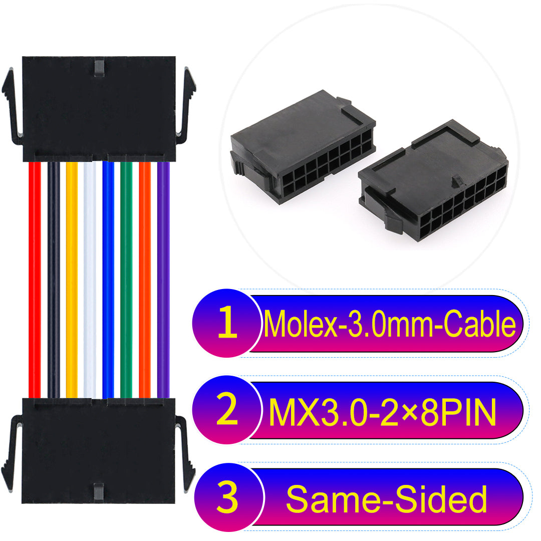 Molex MX3.0mm Dual Row 2¡Á8Pin Female Same-Side-Head Micro-Fit cable, 22AWG UL1007-certified PVC, perfect for secure and durable connections in various applications.