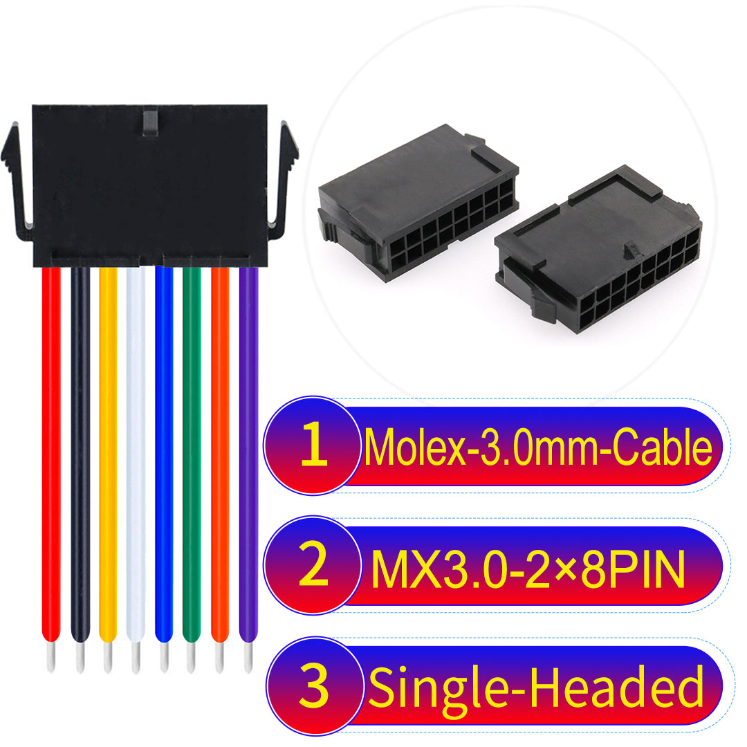 Molex MX3.0mm Dual Row 2¡Á8Pin Female Single-Headed Micro-Fit cable, 22AWG UL1007-certified PVC, perfect for secure and durable connections in various applications.