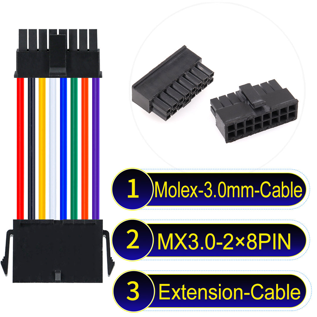 Molex MX3.0mm Dual Row 2¡Á8Pin Male Female Extension Micro-Fit cable, 22AWG UL1007-certified PVC, perfect for secure and durable connections in various applications.