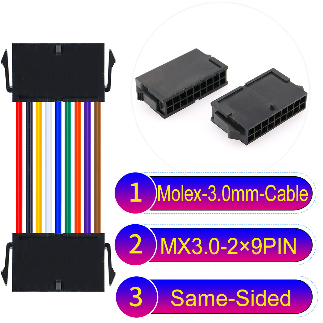 Molex MX3.0mm Dual Row 2¡Á9Pin Female Same-Side-Head Micro-Fit cable, 22AWG UL1007-certified PVC, perfect for secure and durable connections in various applications.